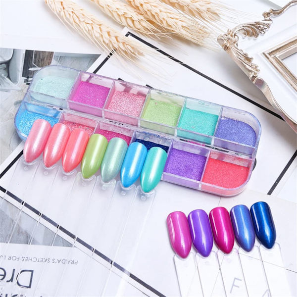 12 rutnät nagelglitterpulver, 3D gnistrande nagelkonst färgglad glänsande glitter sjöjungfru spegeleffekt pärlpuder regnbåge neon nagelpulver regnbågsglitter