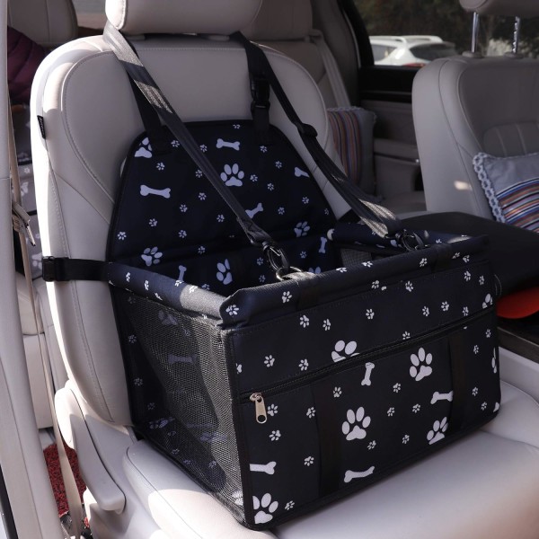 Husdjursbilbältesstol för hund Katt Bilbarnstolsförvaringsväska med säkerhetskoppel och dragkedja (svart med tasstryck) Black