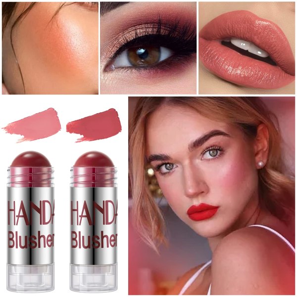 Cream Blush Stick kasvoille posket huulet silmät, 2 kpl persikanpunaista ja vaaleanpunaista samettivaahtoa luonnollista mattapintaista meikkiposkipunaa, sekoittuu vaivattomasti