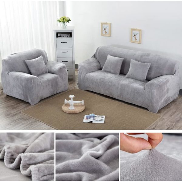 Tykk Sofa Deksel Ren Farge Sofa Beskytter Fløyel Enkelt Passform Elastisk Stoff Stretch Sofa Trekk (Sølv Grå, 2 Seater 145-185cm)
