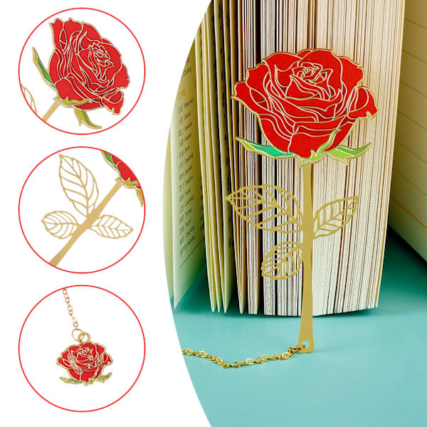 Rød rosebokmerke med blomsteranheng, metallboksideholder for lesere, unike gaver Bokmerker