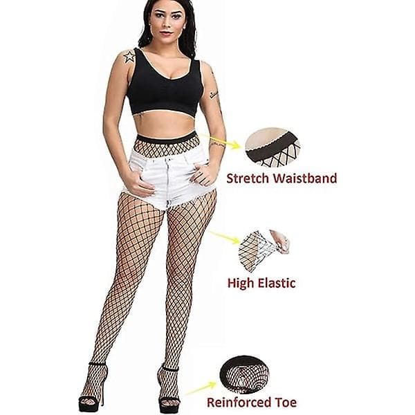 4-pak Plus Size Fiskenet Strømper, Sorte Fiskenet Strømper Lårstrømper