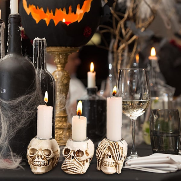 Skull-kynttilänjalka, kallo-kynttilänjalka, vintage luuranko-kallo-kynttilänjalka makuuhuoneen olohuoneeseen, Halloween-joulutalo (3 kpl kallo) 2
