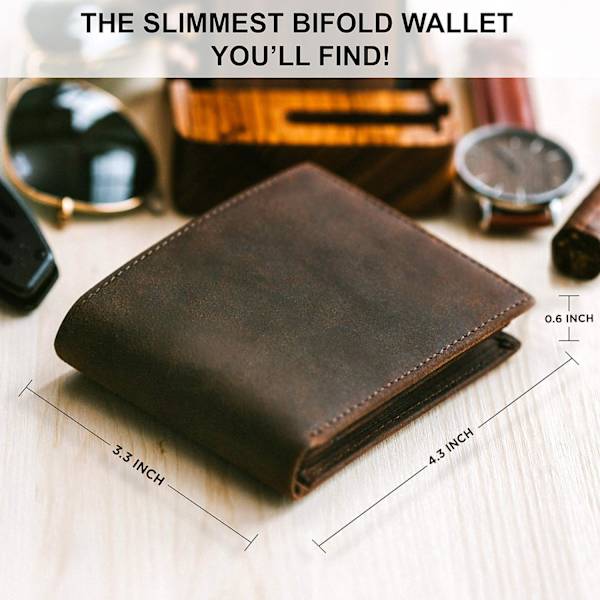 Plånbok i toppskiktsläder för män | Bifold, extra kapacitet med 2 ID-fönster | Extra stark sömnad | Smal sedelhållare med 8 kortplatser - Brun