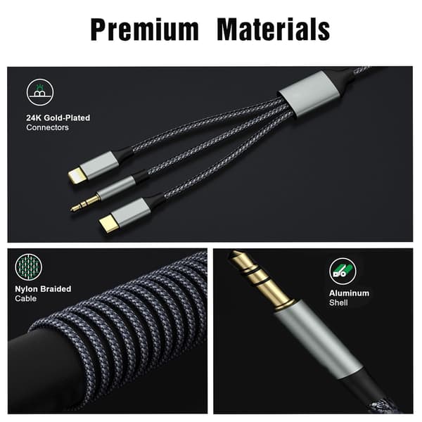 2M USB C til Aux Lydkabel Bil 3.5mm Nylon Kabel, Jack Kabel (3 i 1 Kabel) til Hovedtelefon, Smartphone 2m
