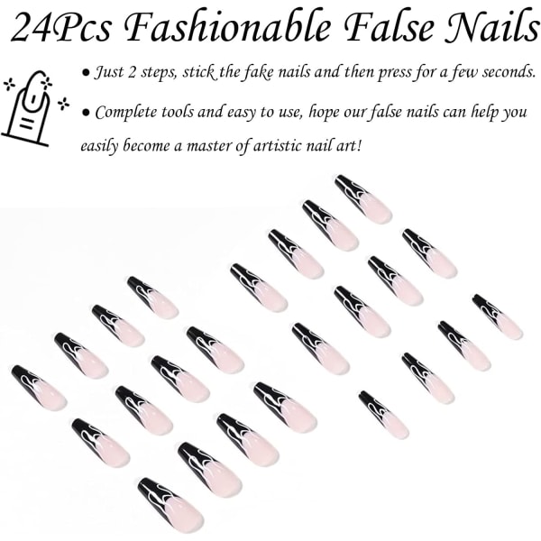 False Nails , 24Pcs Black French Fake Nails with Flame, Acrylic Press on Nails, Nude French Tips False Nail with Nail Glue, Ballerina Stick on Nails