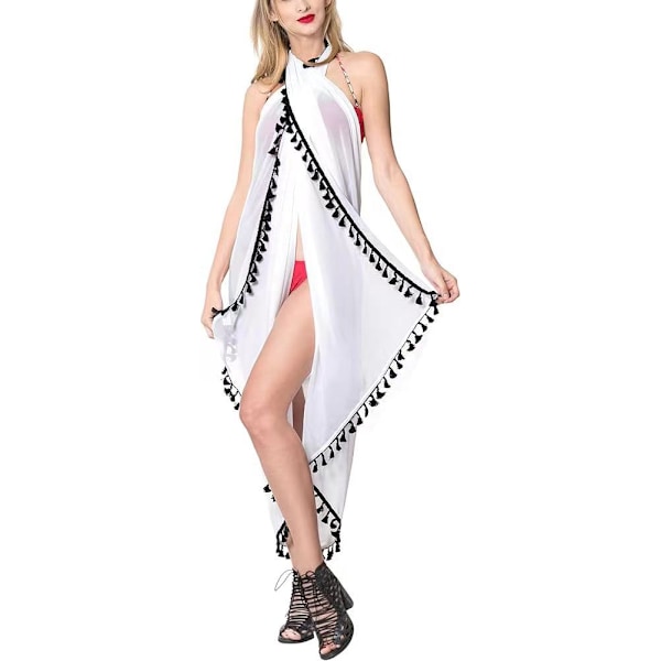 Kvindernes strand lange sarong badedragt med kvast white+black