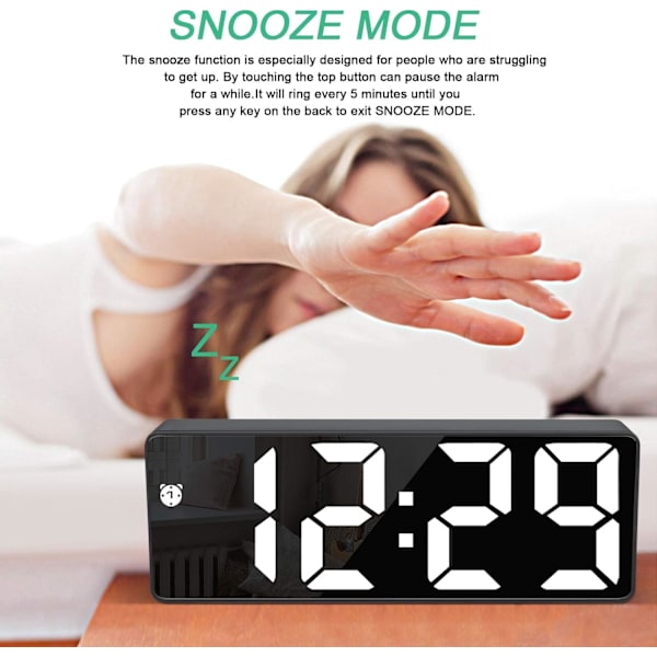 Digitalt vækkeur, stort LED-display, med snooze-funktion og justerbar lysstyrke USB-opladning, kontorer Black