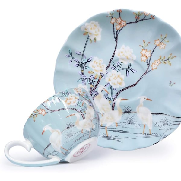Blå Fint Benporslin Kaffekopp med Fat, Färgade Blommor, Vit Trana Porslin Tekopp och Fat