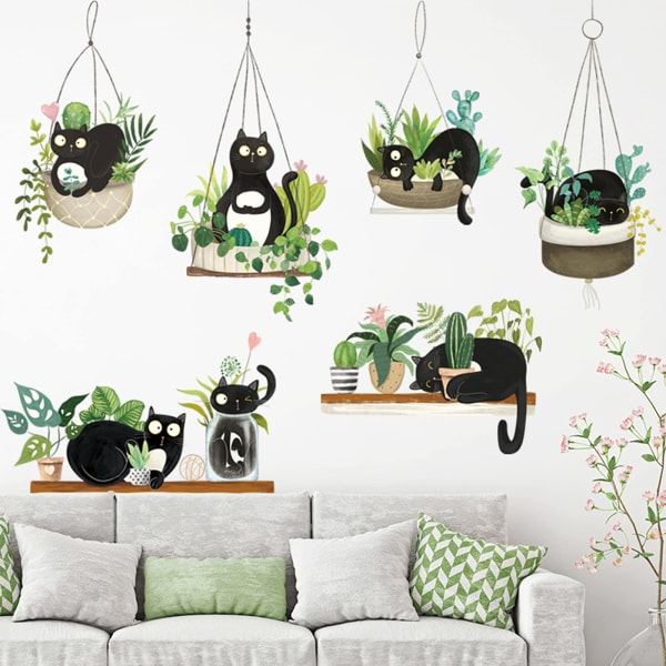 Väggdekal gröna krukväxter med katter väggdekor, akvarell kaktus tropisk växt väggdekor väggdekoration, DIY konst väggmålning för sovrum