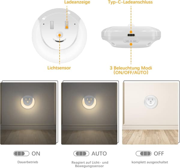 LED-nattlys med bevegelsessensor - USB-oppladbar - 3 moduser (På/Av/Auto) - Lampm [2 stykker]