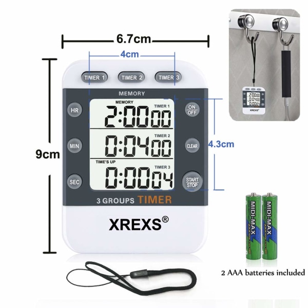 Digital kökstimer magnetisk stoppur timer med klocka, magnet, 3-nivå volym, LCD-display för matlagning, sport, studier, 2 AAA-batterier
