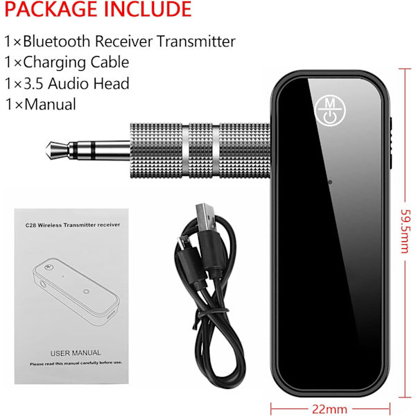 Bluetooth-mottaker, Bluetooth-bilkontakt-adapter, 5.0 Bluetooth-sender, bærbar trådløs 3,5 mm Aux Bluetooth-adapter