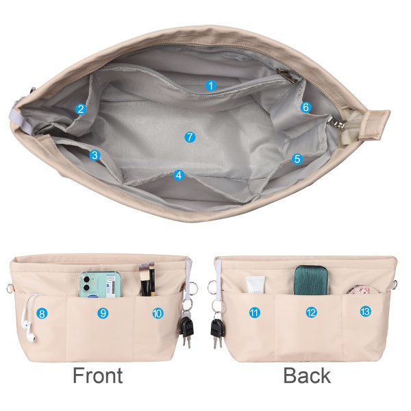 Handbag Organer, Bag Organer, Nylon med nyckelring, innerfickor, vattentät för handväskor Organizer, beige, L cream L