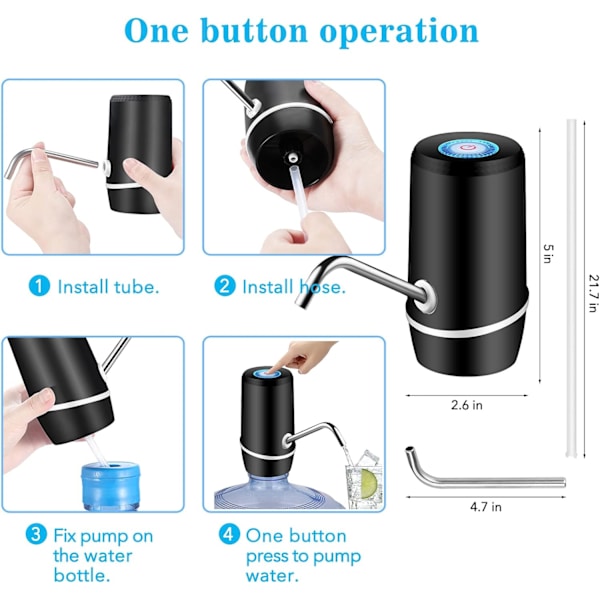 5 Gallon Vann Dispense, Elektrisk Drikkevann Pumpe Automatisk Bærbar Vannkanne Pumpe for 5 Gallon Flaske - Svart