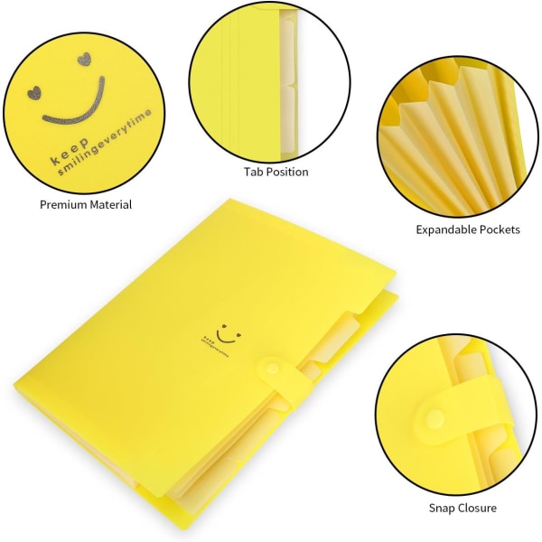 Expanderande filmapp, A4-brevpappersfickor Dragspel Dokumentväska Organizer Plånböcker Filmappar med spänne, 5 fickor（Gul） Yellow