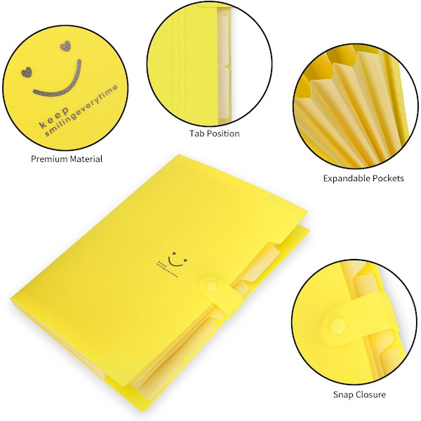 Expanderbar mapp, filorganisatör A4-brevpappersfickor Dragspelsdokumentväska Organizer Plånböcker Filer Mappar med spännesstängning, 5 fickor Yellow