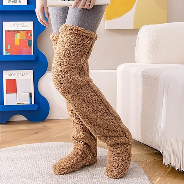 Overknees Fuzzy Sokker Vinter Plysj Lange Beinskjolders Myke Toesko Strømper Kvinner Jenter Jul Hjem Sovesokker, Brun