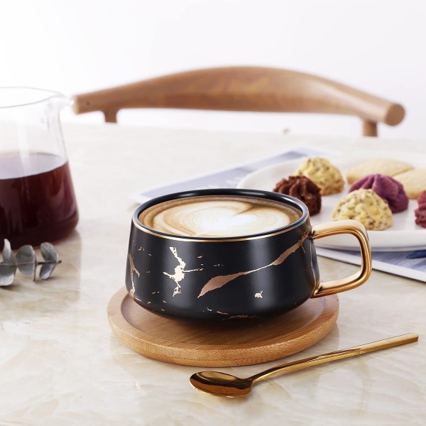 Marmor keramiska kaffemuggsset Tekopp med sked Träfat, alla hjärtans mors dag examen Födelsedagspresent Julklappar