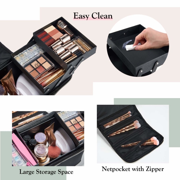 Vanity Case Stor Makeup Taske Organizer Rejsetog Taske Bagage Make Up Beauty Box , Stor Størrelse: 28x20x25cm, Sort & Guld
