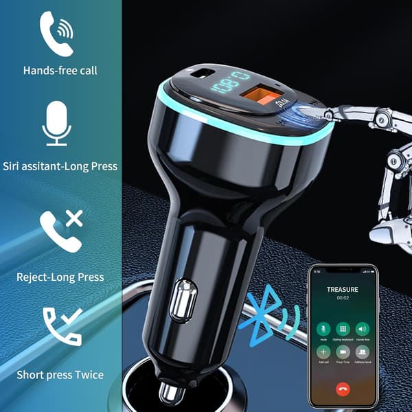 Bluetooth 5.0 FM Transmitter, Håndfri Bluetooth Adapter med 5V/3.1A USB + Type C, Bluetooth Bil Musikafspiller med Blåt Ambient Lys