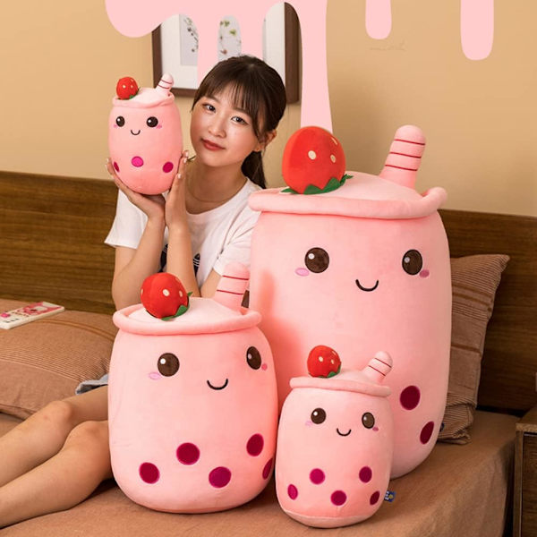 Bubbelteplyschkudde, söt mjölktekopp plysch bubbelte mjuk leksak med jordgubbar, bubbeltekopp plyschleksak fylld kastkudde (rosa) Pink