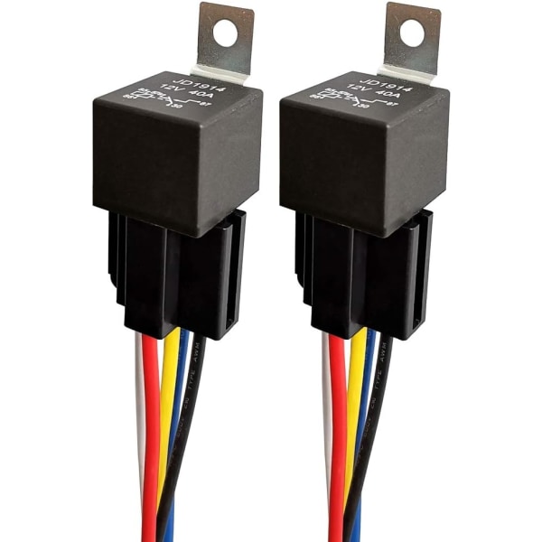 12V 40A bilrelé med farget ledningsnett, 5-pins SPDT-relé, 2 pakke