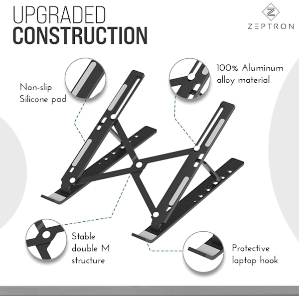 Fällbar bärbar aluminium laptopstativ | Skrivbordsstativ med 6 nivåers höjdjustering | Kompatibel med 11,6”/13,3 tum bärbara datorer (svart) Black