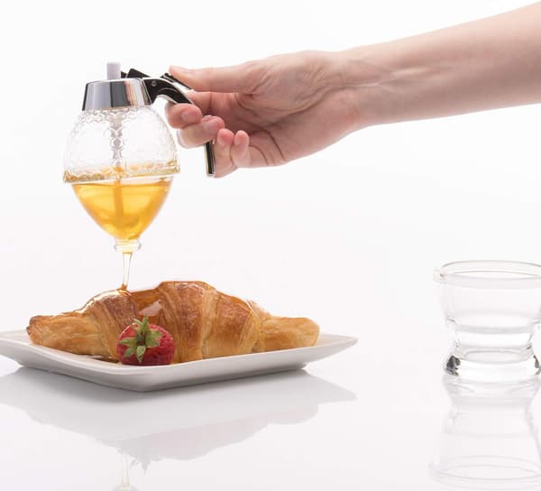 Honningdispenser, honningdoser med støtte, bikubemønster, transparent