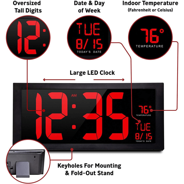 LED Digital Væg Ur, Stor Stum Alarm Ur med Tid Kalender Dato og Temperatur Display Hængende eller Bordplade-Rød