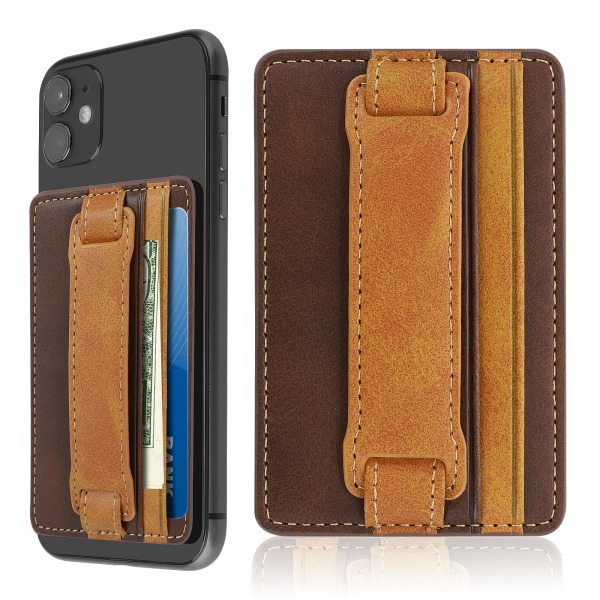 Kännykän korttipidikkeen pussi Itsekiinnittyvä puhelintuki, jossa on joustava nauhatikku lompakkokortin pidikkeessä phone case takaosaa varten nahkaa (ruskea)