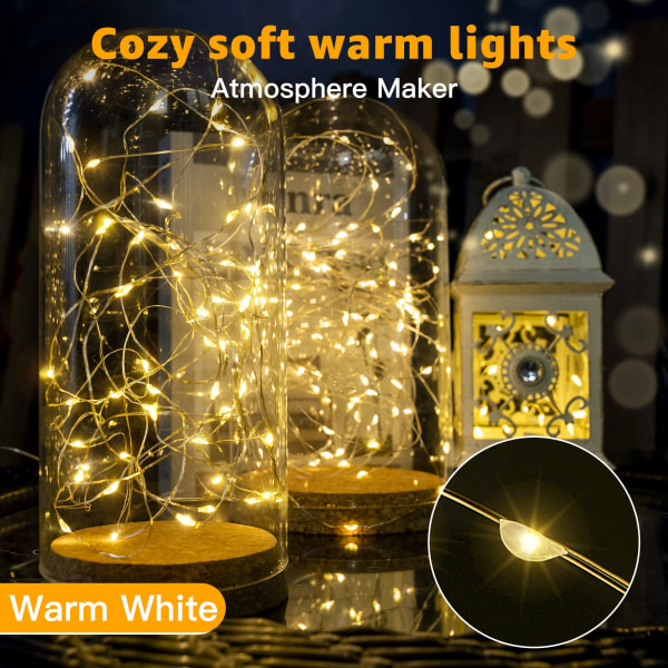 Fairy Lights Batteridrevet, 10m 100 LED'er Indendørs Udendørs Cooper Wire String Lights, Små vandtætte batteridrevne julelys (varm hvid)