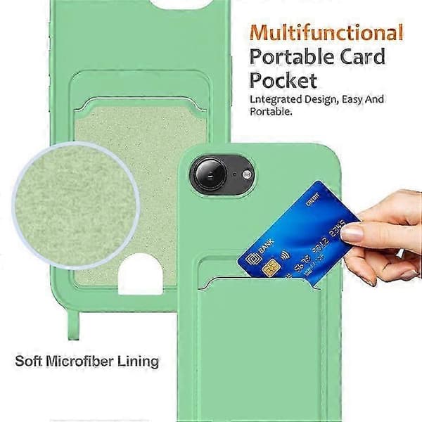 Flydende silikone etui med kortholder og lanyard til iPhone 16e Green