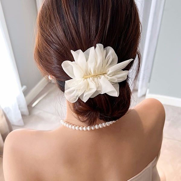 Hårspenner for kvinner, myke chiffon stoff hårspenner, franske hårspenner, blomsterformet hårklemme, søte gaver til jenter, hvit White