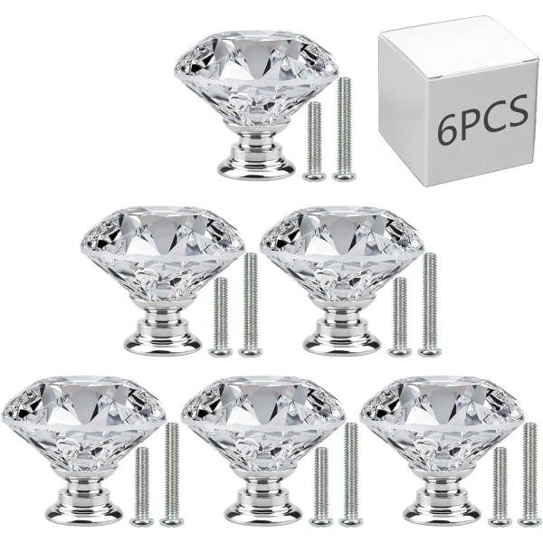 6 st skåpsknoppar, 30 mm lådhandtag Kristallglas diamantformade skåp Dörrknoppar för byrålådor och kök, badrumsskåp, kontor