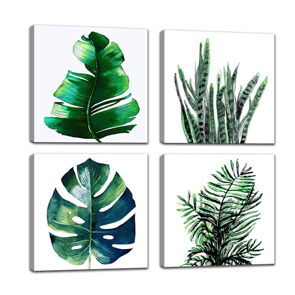 Botanisk Dekor Grøn Vægkunst - 4 Stykker Indrammet Tropisk Maleri Naturlig Eucalyptus Monstera Løv Lærred Kunstværk 4 Stykker 12x12 Tommer