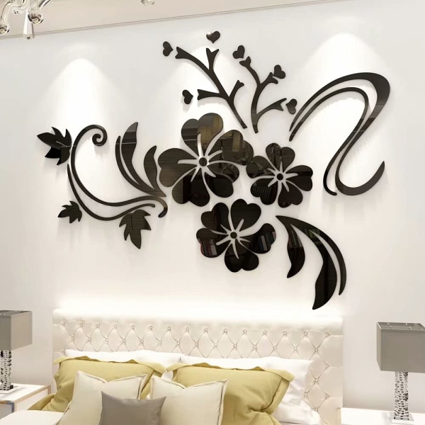 3D-seinätarra kukkia peili seinätarra kukkia tarra modernia taidetta seinäkoriste tarra olohuoneeseen eteiseen makuuhuone kodin sohvaseinä black