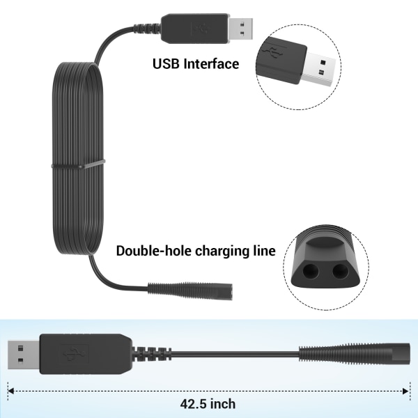 Opladerkabel, USB 12V opladningsledning kompatibel med Braun barbermaskine