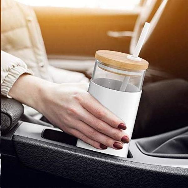 16 oz glas tumbler med sugrör och bambulock, iskaffe mugg återanvändbar, smoothie muggar, tumbler med silikon skyddshylsa -svart