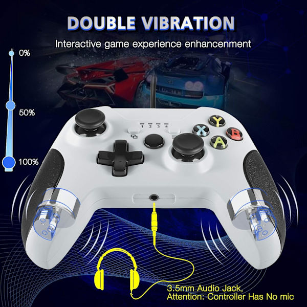 Kablet controller til Xbox One, kablet spilcontroller med tilstandskontrol, dobbelt vibrationsroman design til Xbox One/X/S/PC med Windows 7/8/10