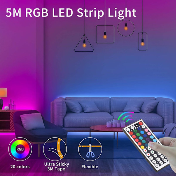 5m LED-stripe lys RGB fargeskiftende LED-lyssett (5M)