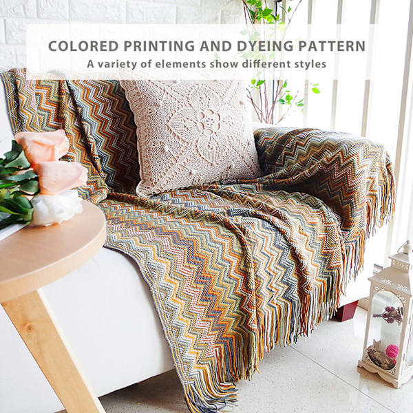 Strikket tæppe med kvast Houndstooth Boho ternet hyggeligt tæppe Strikket tæppe Sengetæppe Kast tæppe Dekorativt tæppe til sofa seng yellow 127*180cm