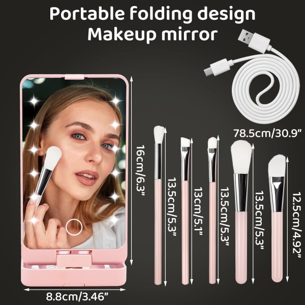 Vanity Mirror with Light, Portable Dressing Table Makeup Mirror with 12 LED Lights and 5Pcs Brush 360°Adjustable Touch Screen Lighted Desk Mirror