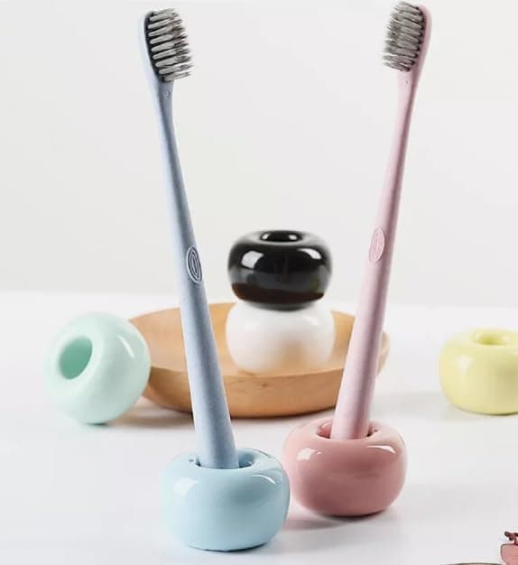 2 Keramiske tandbørsteholdere (hans og hendes) - Kompakte pink og blå designs til badeværelsesbord - Holdbare, rustfrie