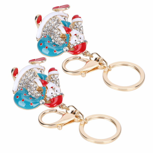 2pcs Santa Keychain, Diamond‑Studded Cartoon Santa Pattern Metal Key Ring for Women Men Bag Car Decoration Ornament