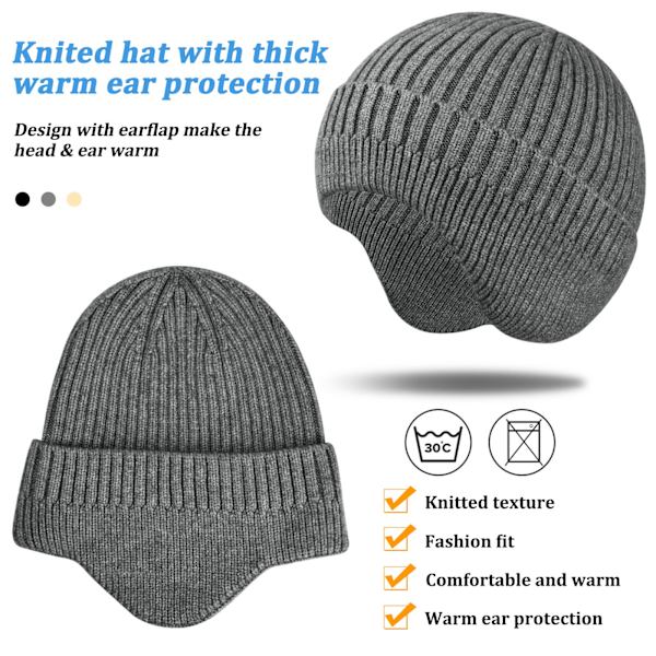 Vinterhue til kvinder, strikket hue med øreklapper til mænd, bløde huer termiske, vinterhue unisex, varm chunky hue med manchet Gray