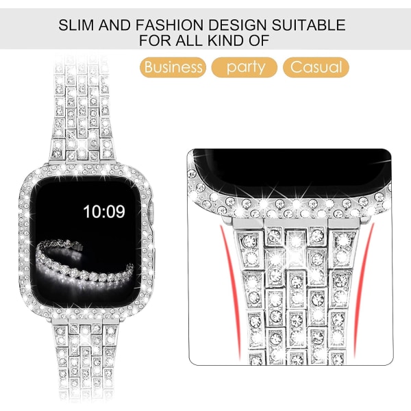 Bändi yhteensopiva Apple Watch Band 40mm naisille näytönsuojalla Täysi peitto Kimalteleva timanttikristallikotelo metallirannekkeella (Sliver) silver