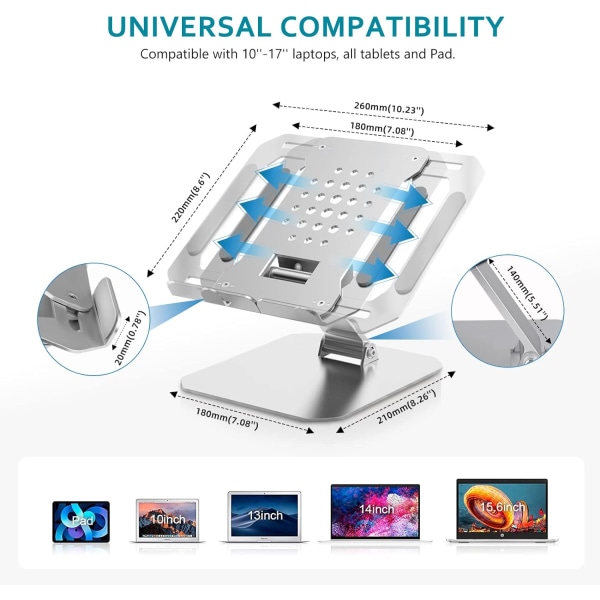 Bærbar PC-stativ for skrivebord, justerbar lengde, kjølestativ for bærbar PC, brettmontering, holder, heis, sammenleggbar, bærbar, universell, kompatibel, maks 17