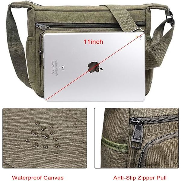 Vanntett Messenger Skulder Bag, Multi Lommer Canvas Crossbody Bag for Menn, for Utendørs Fiske Camping Fotturer Reise Arbeid Daglig Bruk (Grønn) ArmyGreen