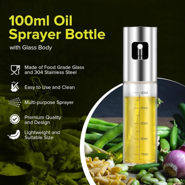 Oljespruta för kök och air Fryer 100ml Spray för kök Läcksäker glasolja med dispensertillbehör för fritös